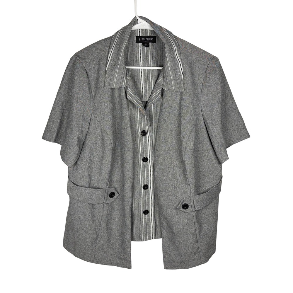 Perceptions Woman Grey Layered Look Short Sleeve Button Front Jacket Size 16W